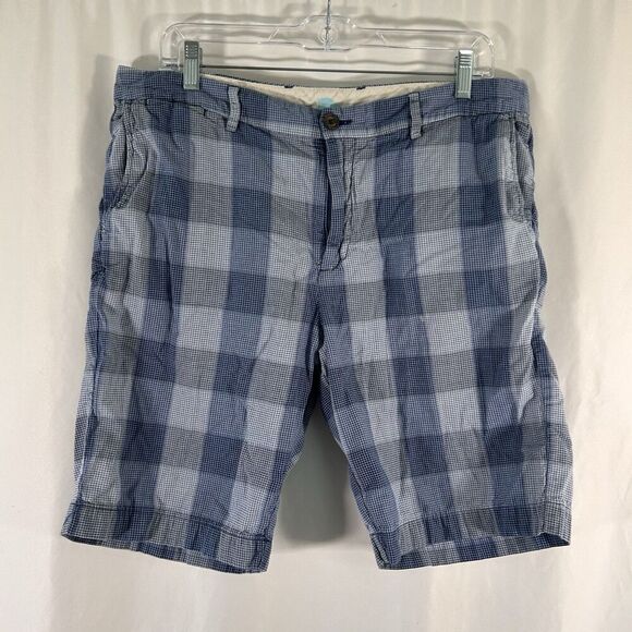 Tommy Bahama Chino Shorts Men's 35 Blue Plaid Button Zip 9.5" Inseam 100% Cotton - Picture 1 of 9
